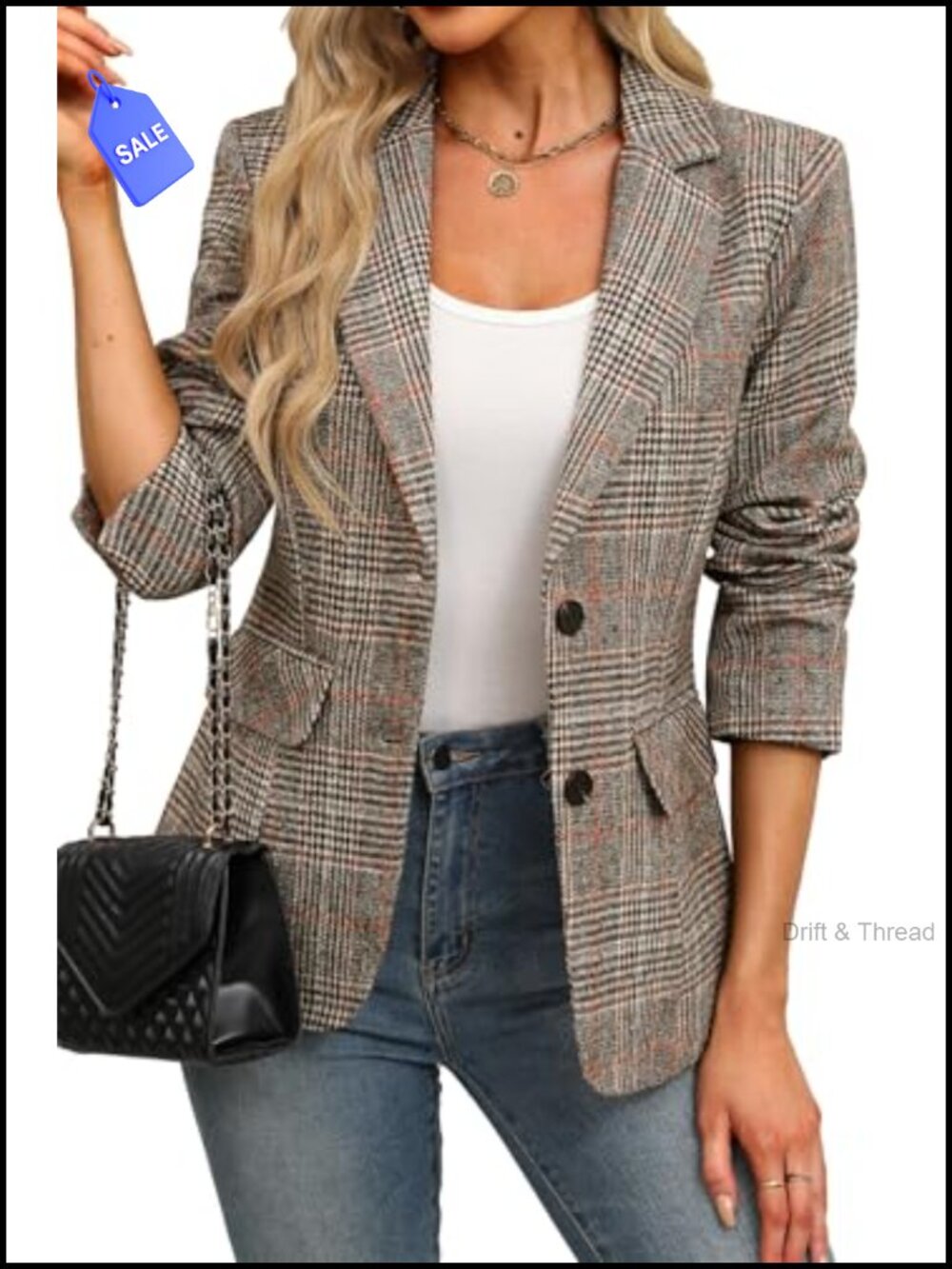 Women's Plaid Blazer Business Casual Notch Lapel Button Office Suit Jacket
